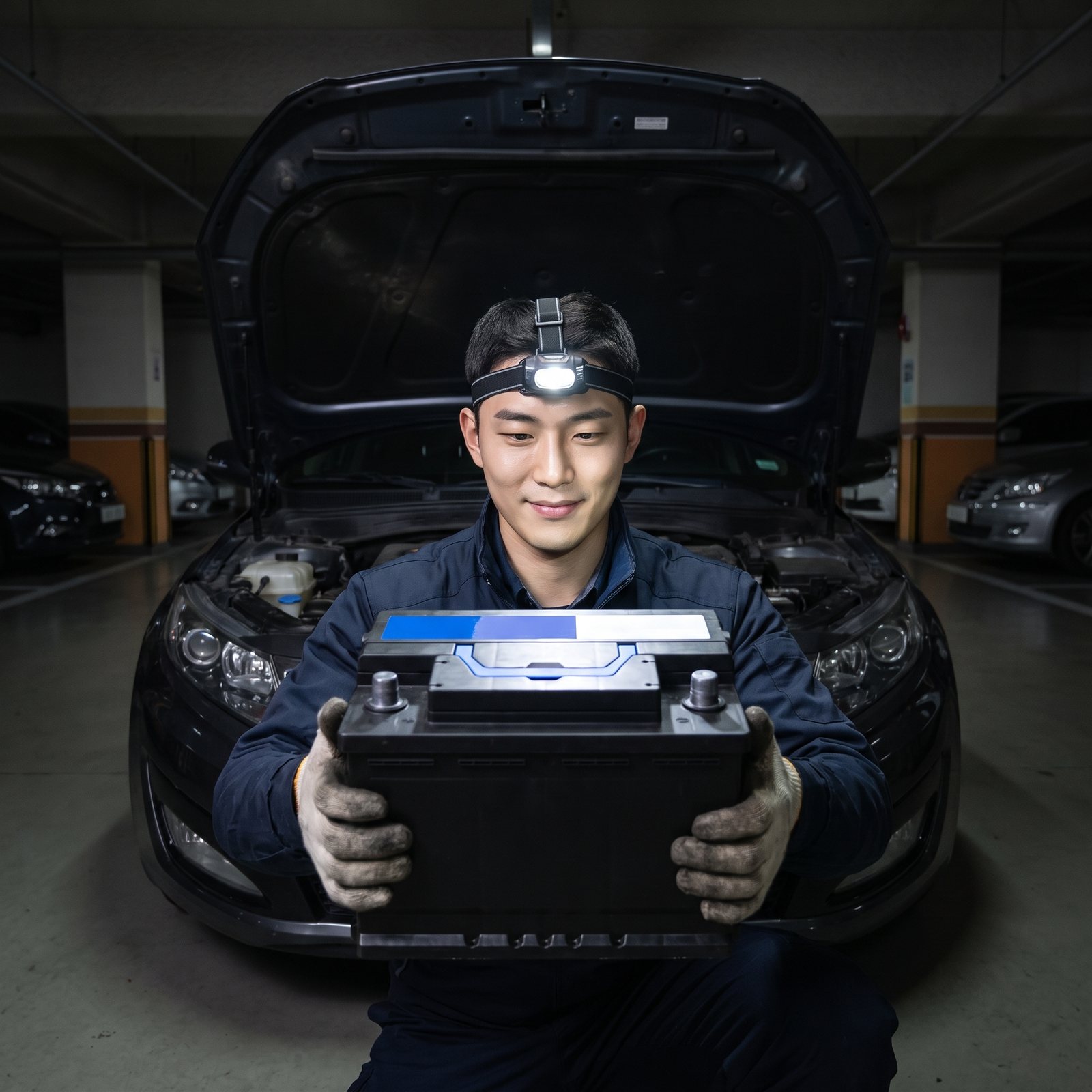 지하주차장에서 새 차량용 배터리를 들고 교체 작업을 준비하는 출장 기사